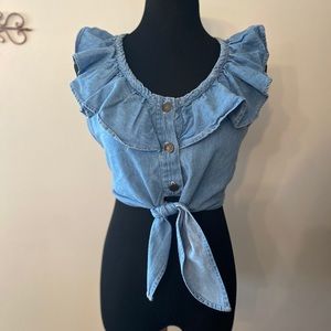 Vtg Denim Ruffled Front Halter Top